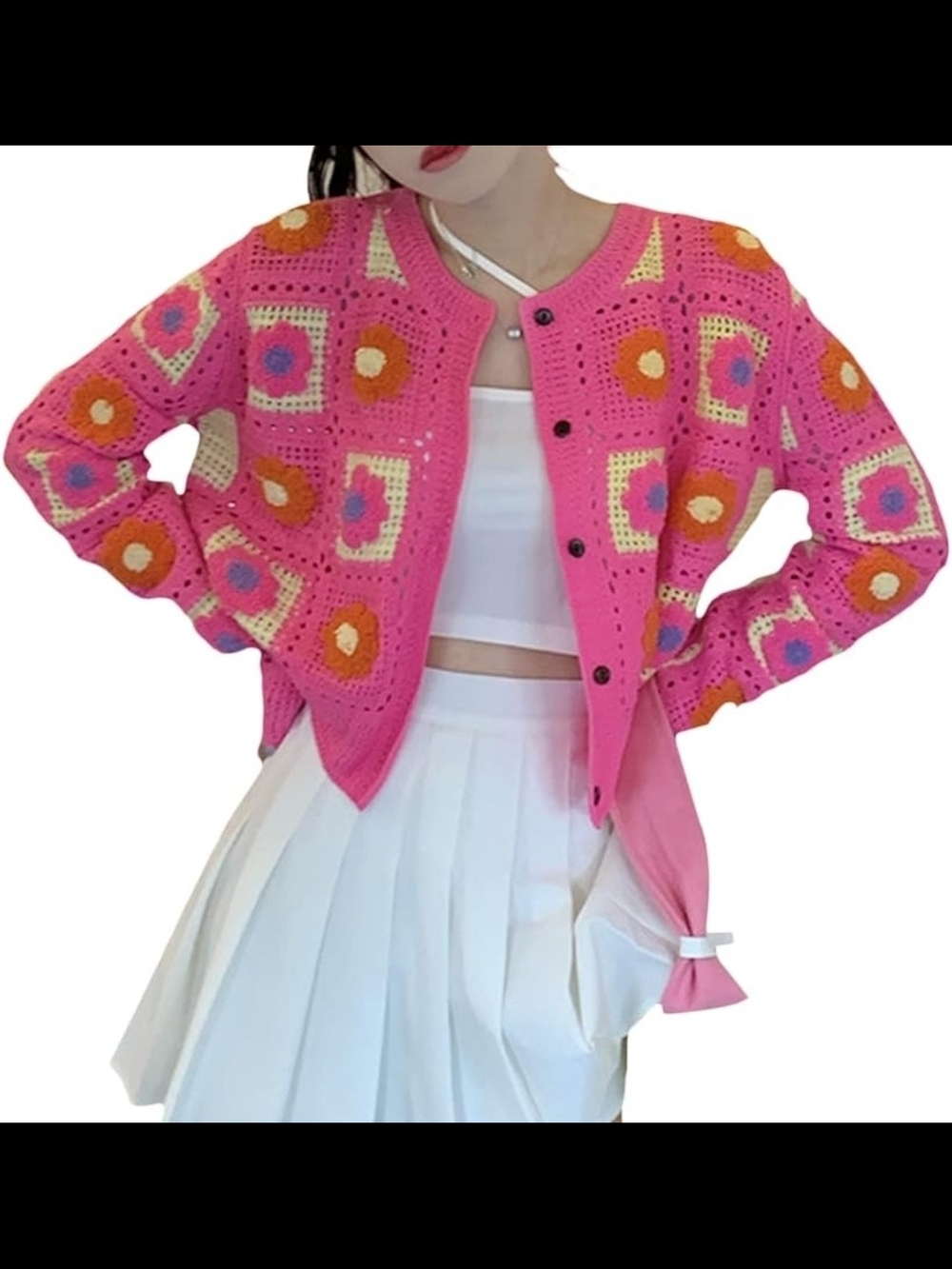 Pink Floral Crochet Button-Up Cardigan Sweater